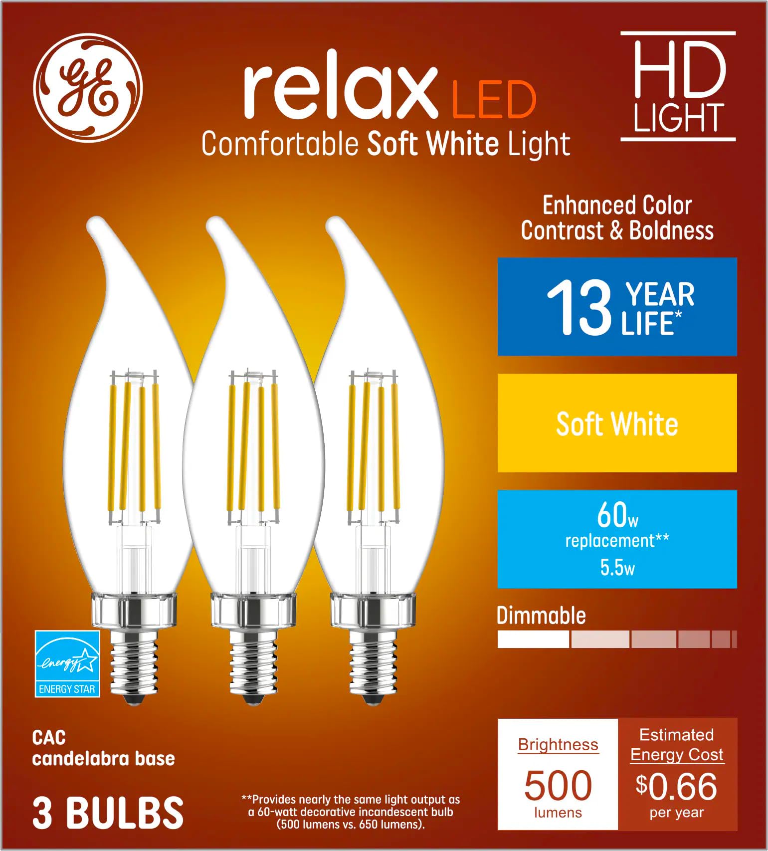 GE Relax 3-Pack 60 W Equivalent Dimmable Soft White Ca12 LED Light